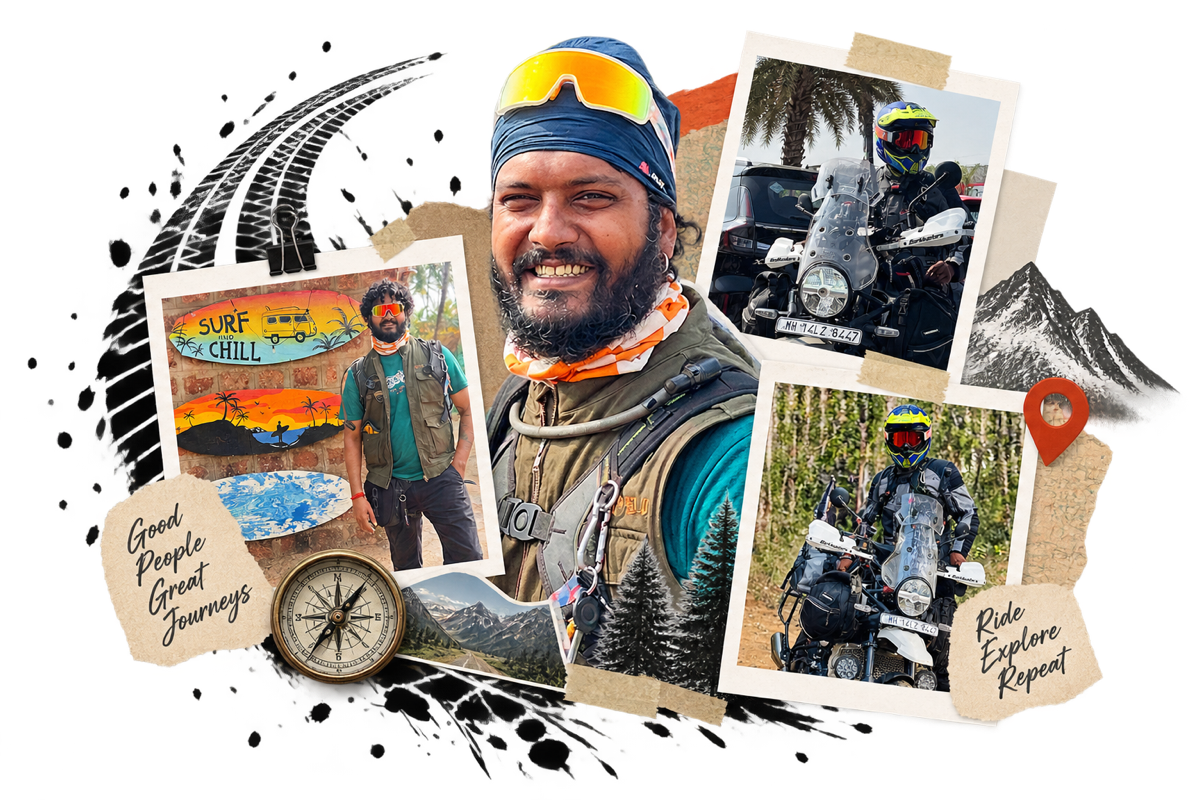 Editorial collage showing Ashish as designer, rider and explorer