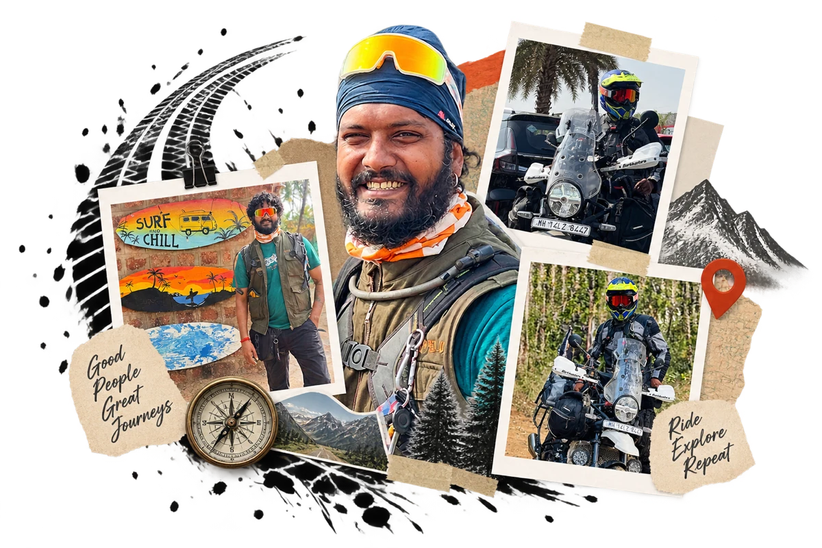Ashish Prasad - designer, rider and explorer Editorial collage showing Ashish as designer, rider and explorer